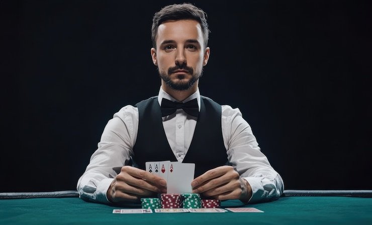 Antarmuka aplikasi kuat 4d menampilkan meja dealer blackjack dan menu navigasi